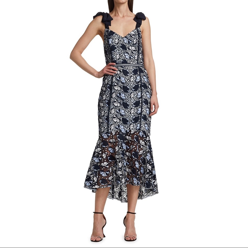 ML Monique Lhuillier NWT Embroidered Floral Lace Flounce Midi Dress Size 10
